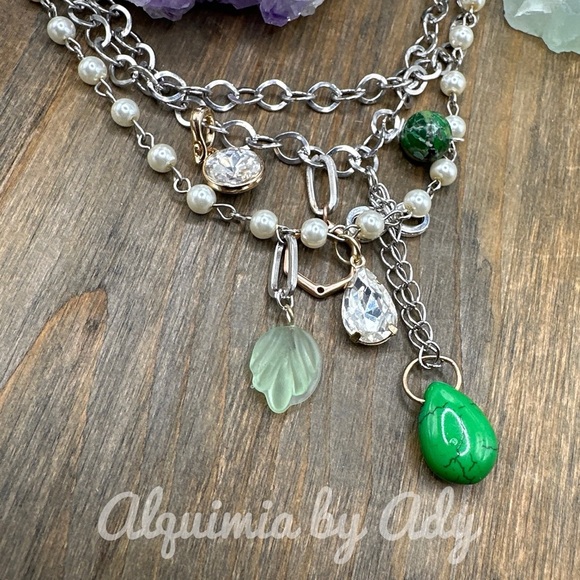 Green turquoise chunky maximalist layered statement silver necklace multi charms